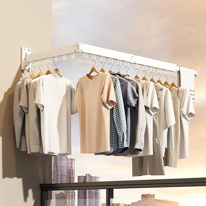 Clothes Drying Rack,Laundry Drying Rack,Wall Mounted Clothes Rack,Laundry Rack Wall Mount,Folding Retractable Collapsible Drying Rack Clothing (Three-Poles,Loop Hooks,White)