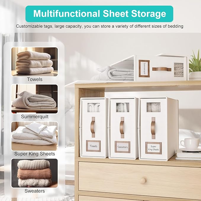 6 Pack Foldable Bed Sheets Set Organizers and Storage(Cal King Size),Linen Fabric Closet Organizers with Window,Folding Bedding Storage Box for Bedsheets and Pillow Cube Organizer-White
