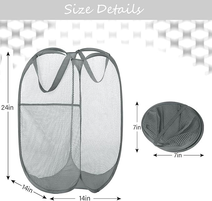 BATTOO Deluxe Strong Mesh Pop up Laundry Hamper Basket with Side Pocket for Laundry Room, Bathroom, Kids Room, College Dorm or Travel 3 x Grey