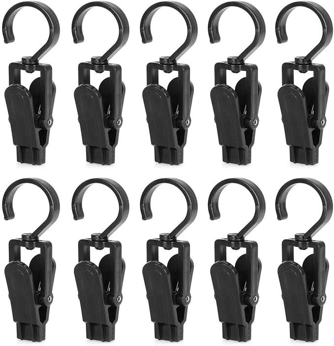 10 PCS Super Strong Plastic Swivel Hanging Hooks Home Swivel Laundry Clips Curtain Clips Clothes Pins Beach Towel Clips, 4.3inch, Black