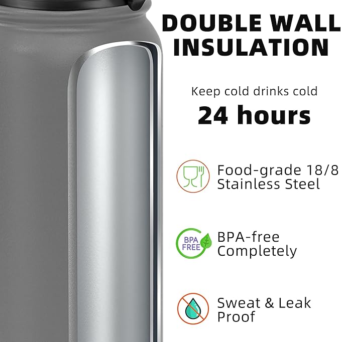 Fanhaw 24 oz Insulated Stainless Steel Water Bottle with Anti-Dust Chug Lid, Leakproof Vacuum Metal Bottle for Kids, Women & Men (Gray)