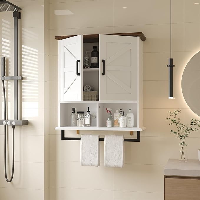 Farmhouse Bathroom Wall Cabinet with Adjustable Shelves & Towel Racks, White Wall Mounted Medicine Cabinet, Over The Toilet Storage Cabinet for Bathroom, Kitchen, Laundry Room
