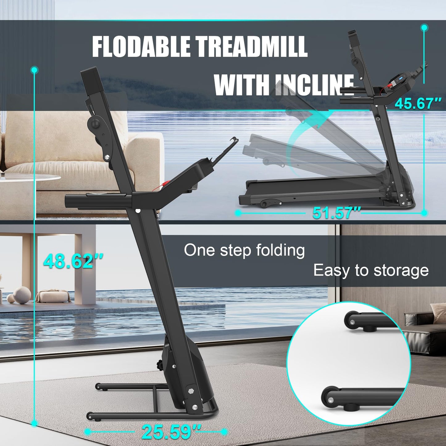 FLIMDER Folding Treadmills for Home, Treadmills with Incline Compact Treadmill 300 LBS Capacity with 12 HIIT Modes LED Display Walking Pad Treadmill with Large Running Area