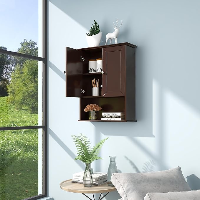 Bathroom Wall Cabinet Expresso Over Toilet Storage - 24x30 in Above Toilet Wood Medicine Cabinet with Adjustable Shelf & 2 Door Mounted Wall Cabinet