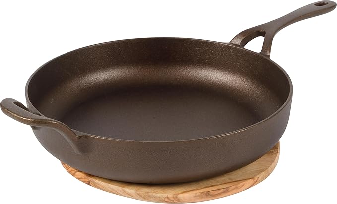 Bloomhouse 12" Cast Iron Skillet w/Long Handle, 2 Time Oprah's Favorite Things Winner - Natural Bronze Finish Cast Iron Frying Pan & Olive Wood Trivet – Olive Oil Treated Pan, Oven & Stovetop Safe