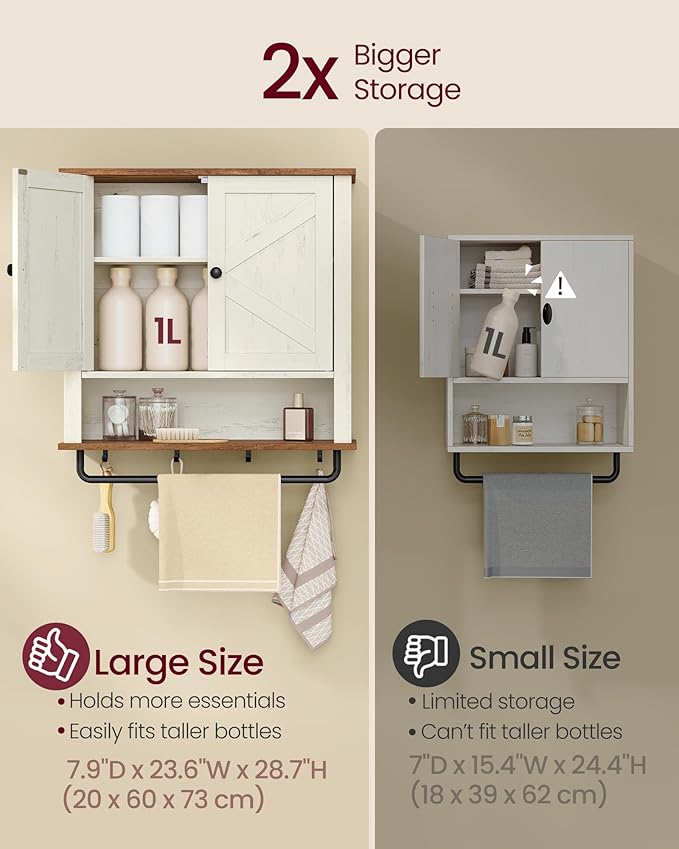 VASAGLE LIRY Collection - Bathroom Wall Cabinet, Farmhouse Wall-Mounted Medicine Storage Cabinet with 2 Barn Doors, Adjustable Shelf, Towel Bar, 7.9 x 23.6 x 28.7 Inches, Rustic White UBBK131W01S