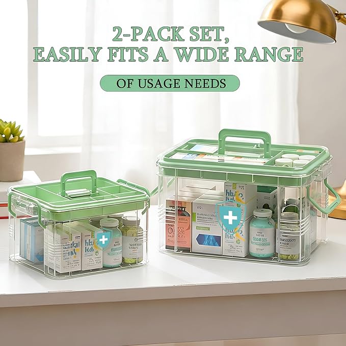 2 Pack Clear Medicine Organizer Box with Handle, Plastic Medicine Container with Tray First Aid Box Empty, Thickened Medicine Storage Organizer Multipurpose Medication Organizer Storage
