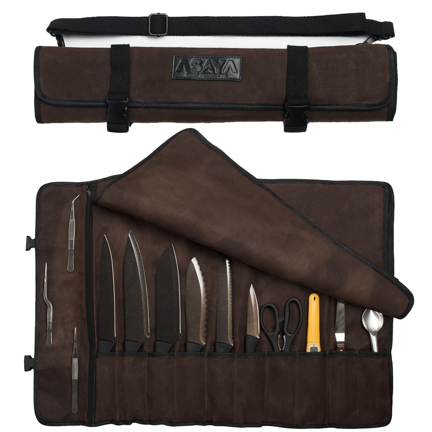 Asaya Waxed Canvas Chef Knife Roll Bag with 10 Slots and a Zipper Pocket - Professional Chef Knife Bag & Storage Case, with Shoulder Strap - Knives Not Included (Forest Green)