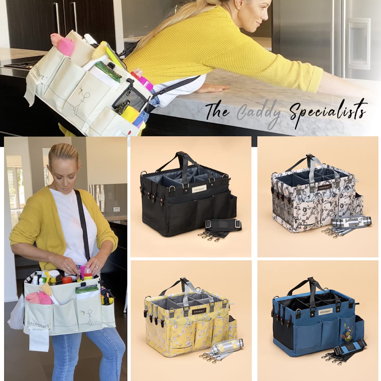 FifthStart Multiuse Cleaning Caddy with Waist & Shoulder Strap - Diaper Caddy & Beach Bag - 9 Pockets & Mesh Base - Blue, X-Large
