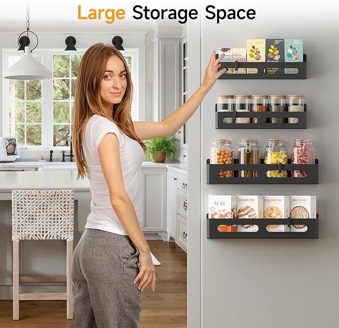 2 Pack Strong Magnetic Spice Rack for Refrigerator, Multipurpose Magnetic Shelf for Fridge with 4 Hooks for kitchen and Bathroom Organization, Black