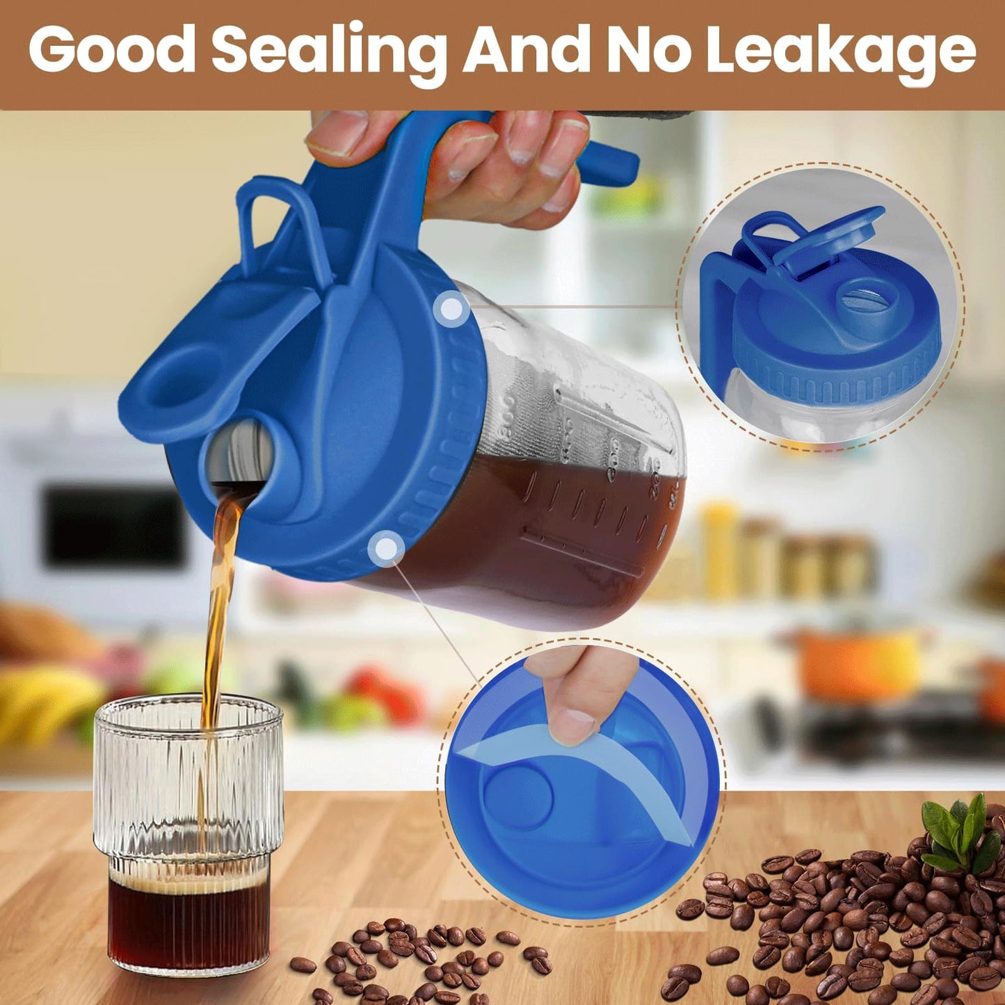 QHH Cold Brew Coffee Maker, 64 oz Mason Jar Pitcher with Stainless Steel Filter, Pour Spout Handle Lid, Airtight & Leak-Proof for Iced Coffee,Tea & Lemonade