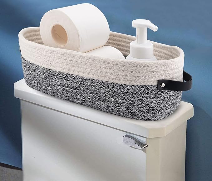 2 Pack Small Cotton Rope Woven Basket Toilet Paper Baskets for Organizing Decorative Basket for Boho Decor Small Storage Basket 13"x5.9"x4" Variegated Gray&White