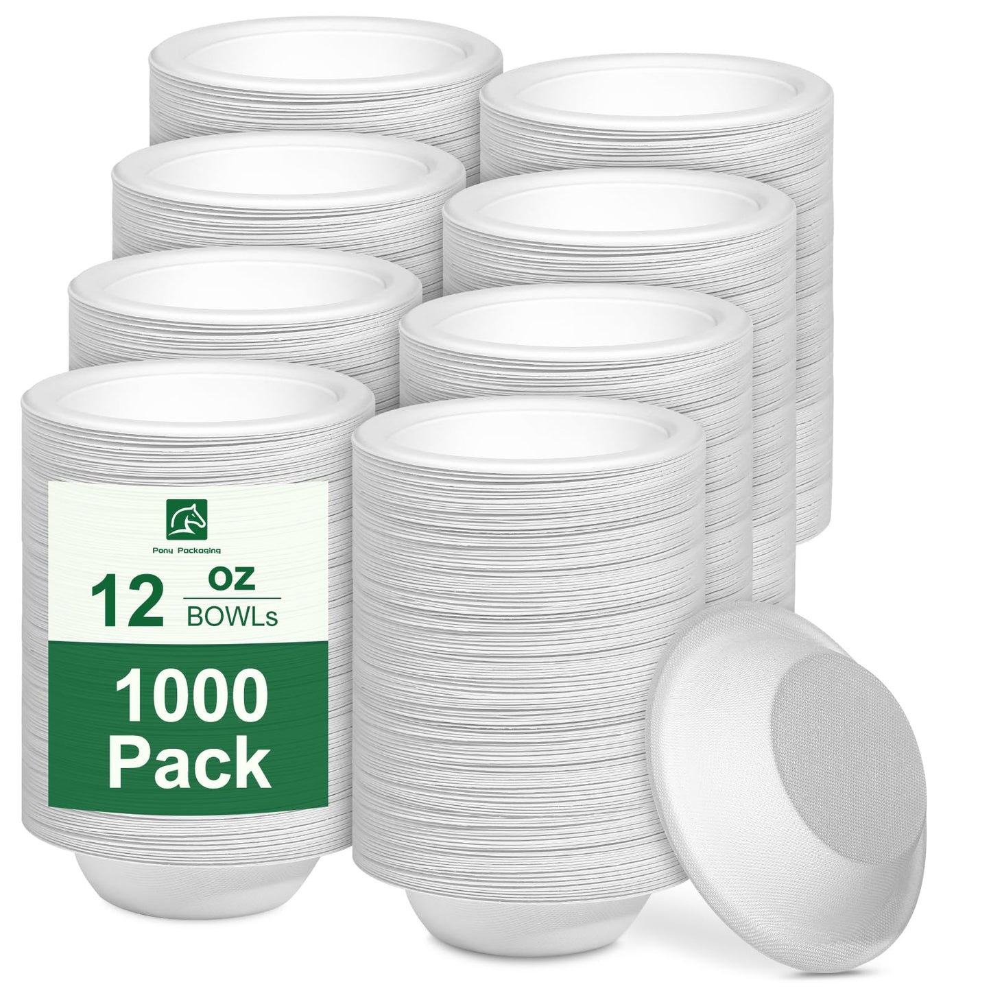Pony Packaging Paper Bowls 12oz, Disposable Bowls Heavy Duty, 1000-Pack 100% Compostable Disposable Soup Bowl, Biodegradable Bagasse Paper Bowls Bulk-White
