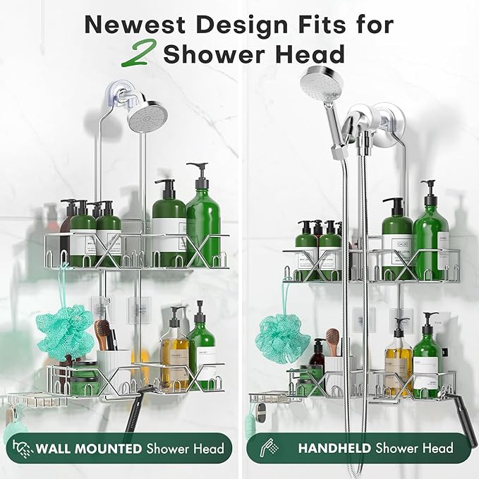 Stainless Steel Shower Caddy Hanging for Handheld Shower Heads,Rustproof Hose Shower Organizer Adjustable Length Shower Rack with 24 Hooks,Razor Holder,Soap Holder