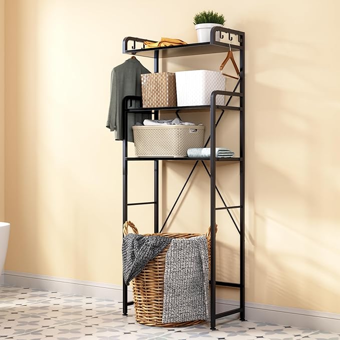 Over-The-Toilet Storage Rack with 3-Tier Shelves, Space Saver Toilet Shelf, Bathroom Storage Organizer with Hooks for Over-Toilet Storage (Black)