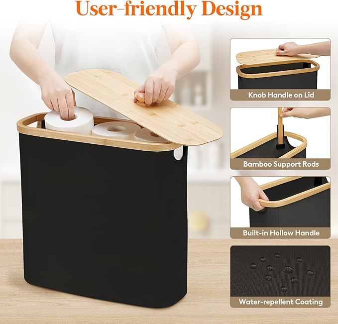 Lifewit Toilet Paper Storage Holder for 12 to 16 Rolls, Free Standing Toilet Paper Basket Stand with Bamboo Lid, Collapsible Fabric Bathroom Organizer Box for Mega Rolls, 30L, Extra Large, Black