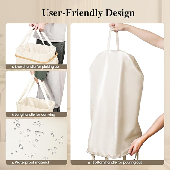 Large Laundry Hamper, 100L Waterproof Laundry Basket with Lid and Removable Bag, Collapsible Tall Clothes Hamper with Bamboo Handles for Clothes Toys in Dorm Bedroom Bathroom, Beige