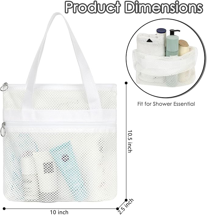 Mesh Shower Caddy Portable Shower Bag for Travel,Gym,Camping – Quick-Dry Hanging Toiletry Organizer with Zipper Pockets for Bathroom Essentials,White