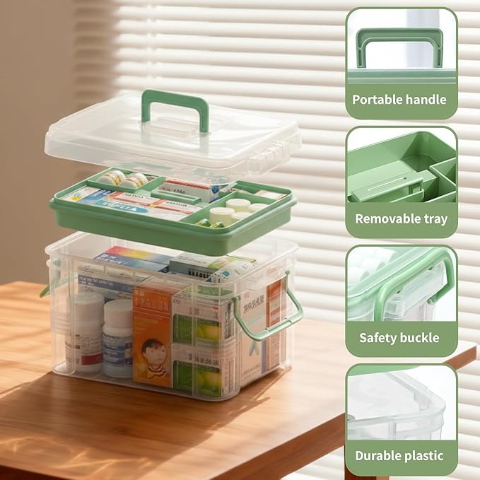2 Pack Clear Medicine Organizer Storage Box with Tray, Portable Medicine Cabinet with Handle, Plastic First Aid box Empty with pill case for home and travel