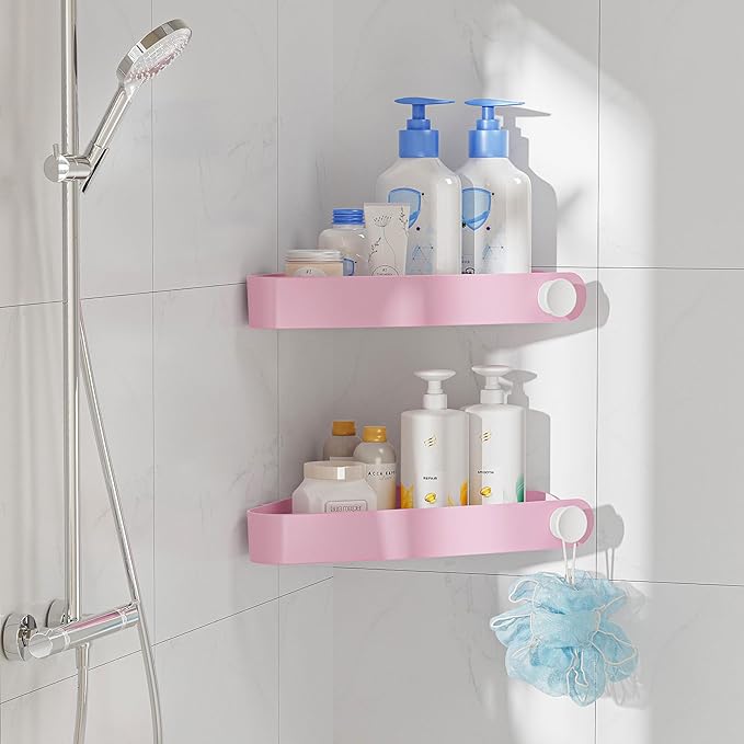 Sotfamily Plastic Shower Caddy Corner (For 90° Only), 2 Pack Adhesive Corner Shower Shelves for Bathroom Organizers and Storage, Pink