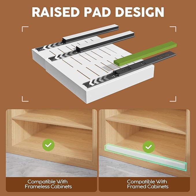 6Pack Expandable Pull Out Cabinet Organizer 21"Deep With Raising Pad for Framed Cabinets,Slide Out Drawers with 4pcs Divider Racks,Roll Out Shelves Adhesive,Adjustable Width 12.05"-20.4"White