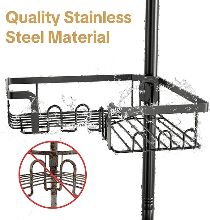 Corner Shower Caddy Tension Pole Adjustable 29–124 Inch, 4 Tier Rustproof Shower Organizer Shelf Rack, Quick Installation Bathroom Storage Shower Caddy Corner Pole, Black
