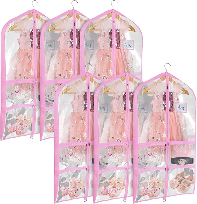 Univivi Clear Pink PVC Dance Costume Bags Garment Bag 40 Inch for Dance Competitions, with 4 Medium Clear Zipper Pockets and 1 Large Back Zippered Pocket [Upgraded Version] (40'' x 24'' 6 Pack)