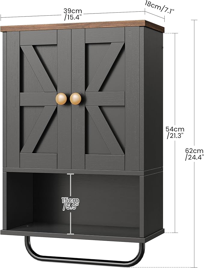 Bathroom Wall Cabinet, Medicine Cabinet with Open Partition and Towel Bar, Rustic Storage Cabinet with Open and Hidden Storage Space, for Bathroom, Living Room, Kitchen, Black and Walnut