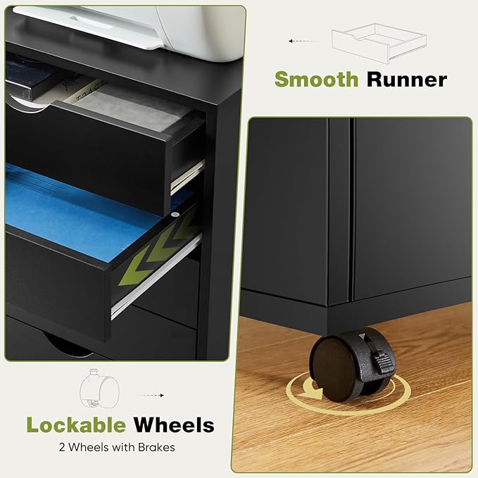 Sweetcrispy 5 Drawer Chest Mobile Storage Cabinets Small Wooden Dresser with Wheels Room Organization Furniture for Office Home, Black Wood