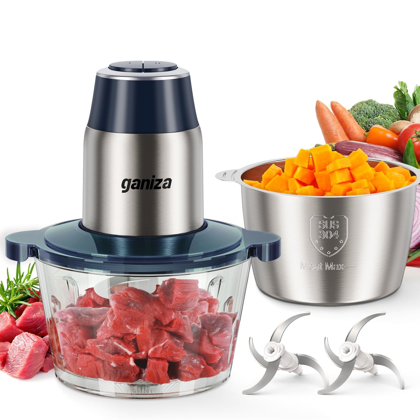 Ganiza Food Processors with 2 Bowls, 450W Meat Grinder Vegetable Chopper