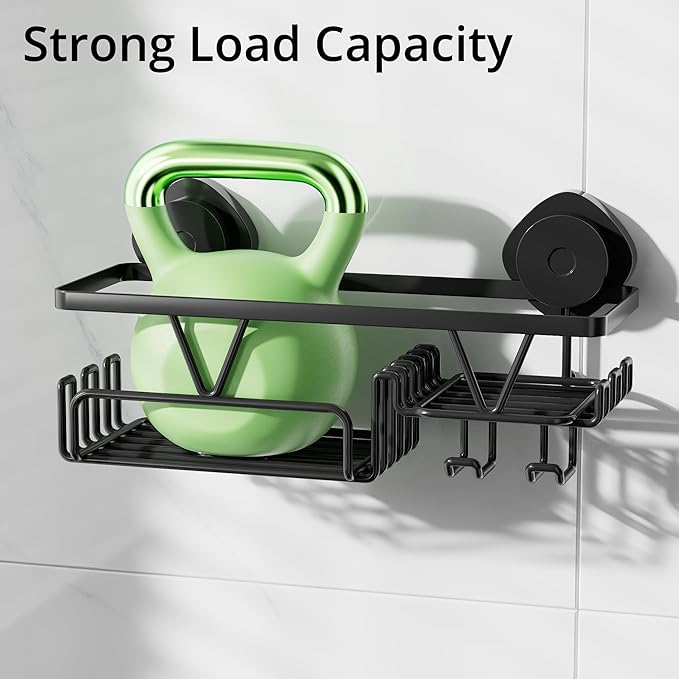 KEGII Shower Caddy Suction Cup with Soap Holder and Hooks, Removable Suction Bathroom Organizer Shelf, No Drilling Shower Organizer, Stainless Steel Shampoo Holder for Bathroom Storage, Black