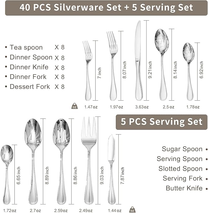 KINGSTONESilverware Set, 18/10 Stainless Steel, Silver