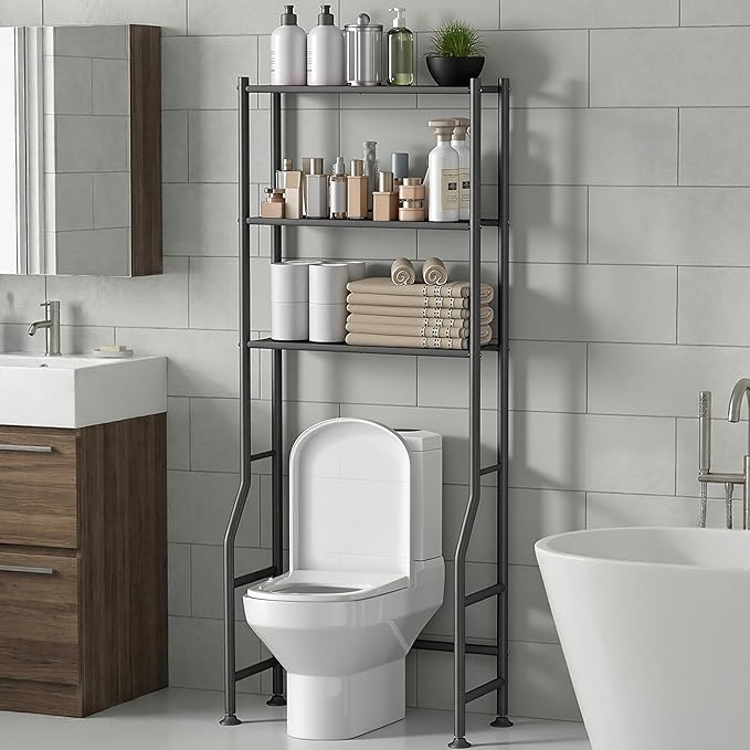 3-Tier Over The Toilet Storage Rack, Space Saver Metal Bathroom Shelves, Freestanding Over Toilet Bathroom Organizer for Bathroom/Living Room, Black