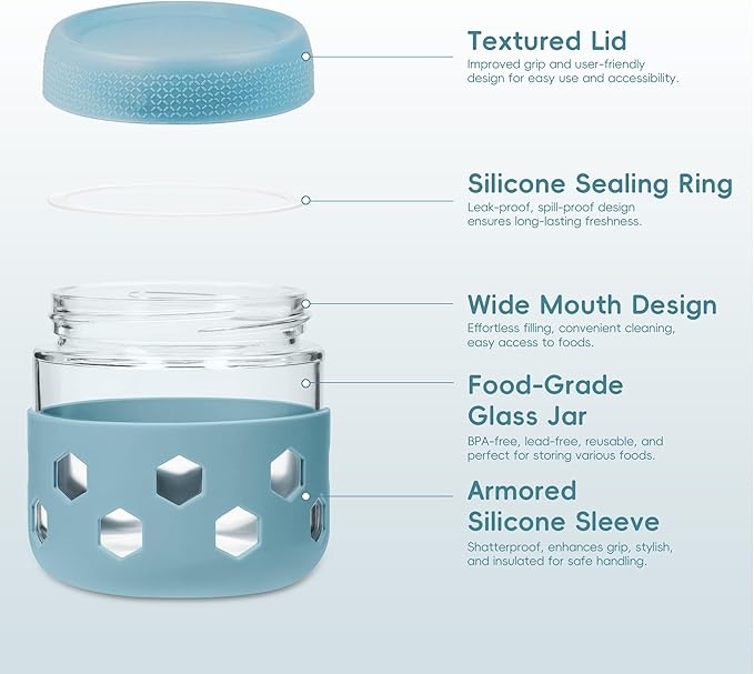 Gemice 6-Pack 10 oz Overnight Oats Containers with Lids and Silicone Sleeves, Glass Mason Jars with Airtight Lid, Dishwasher Safe, Wide Mouth Chia Seed Pudding Meal Prep Jar for Yogurt Berries Snack