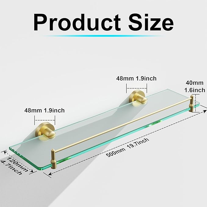 20 Inches Glass Shelves for Bathroom, Brushed Gold Floating Glass Shelf Stainless Steel Tempered Glass Bathroom Shelves for Wall Mount Modern