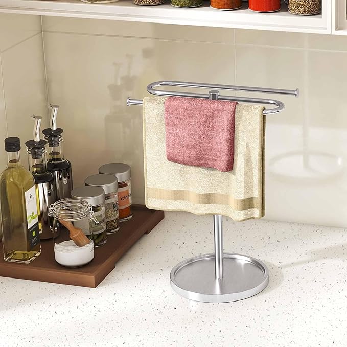 Hand Towel Holder, Stainless Steel Countertop Towel Stand for Bathroom, S-Shape Free Standing Towel Rack Bar Holds 2 Towels for Kitchen, Brushed Nickel