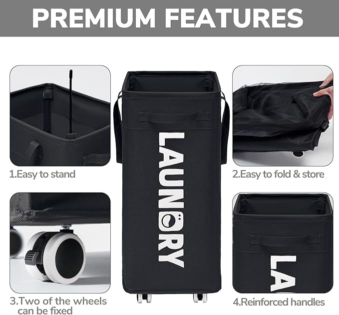 Goodpick Black Laundry Hamper with Wheels, 75L Dirty Clothes Hamper with Removable Wash Bag for Laundry Room, Rolling Laundry Basket