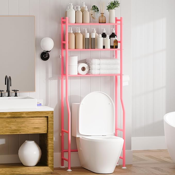 3-Tier Over The Toilet Storage, Space Saver Metal Bathroom Shelves, Freestanding Above Over Toilet Storage Shelf with 4 Hooks for Bathroom, Pink