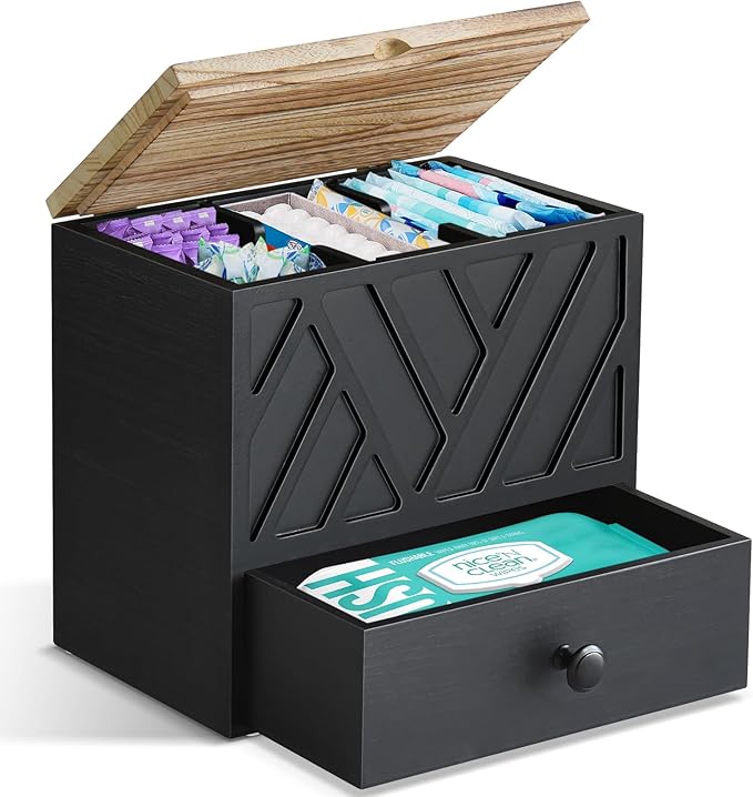 Tampon Holder for Bathroom Decor, Feminine Product Organizer with Lid and Drawer, Shark Week Tampon Storage, Wood Pad and Tampon Organizer for Toilet Organizer, Bathroom Accessories Box for Girl Stuff