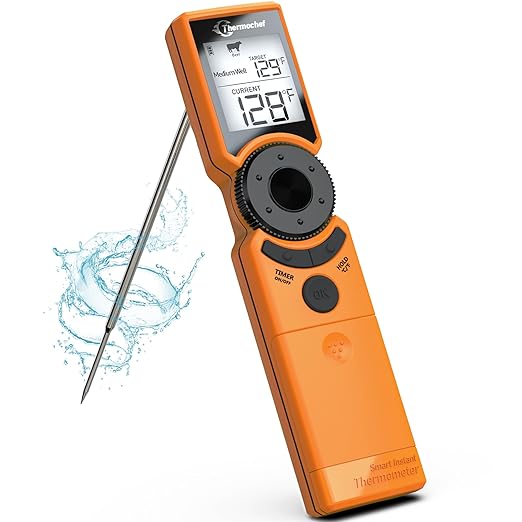 Thermochef Digital Meat Thermometer for Grill, Instant Read Food Thermometers for Cooking with Food Doneness Guide, Calibration and LCD Backlight Screen, High Accuracy ±1% ℉, BBQ Beef Candy Orange