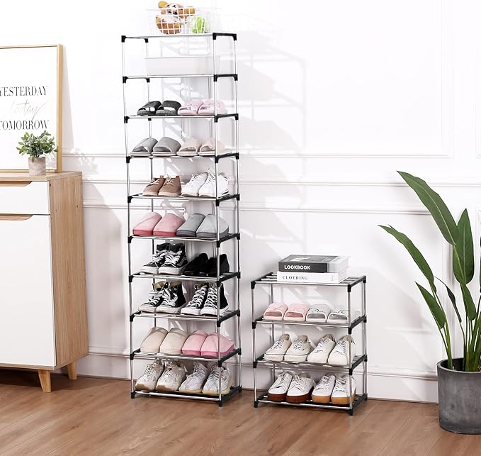 Stackable Small Shoe Rack, Entryway, Hallway and Closet Space Saving Storage and Organization (10-Tier, Black)