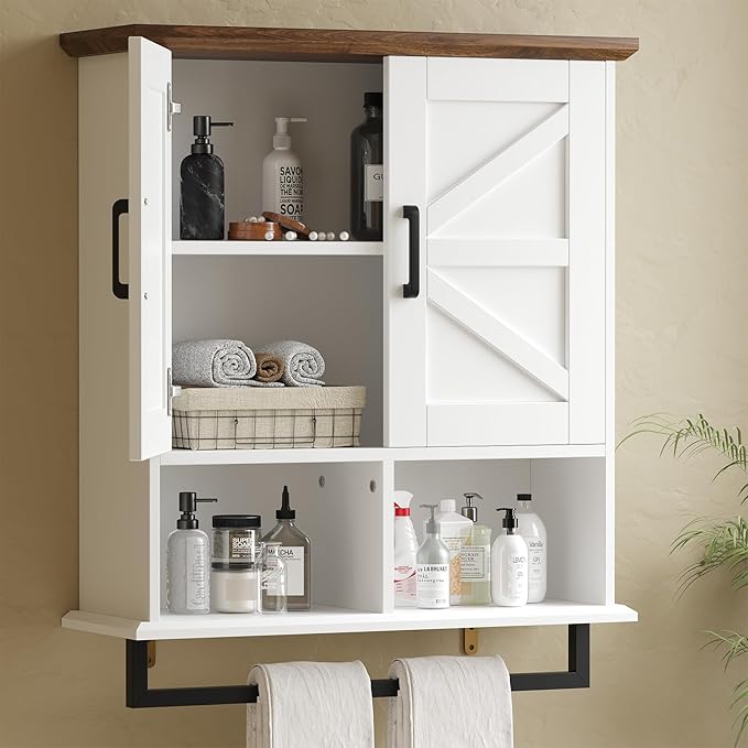 Farmhouse Bathroom Wall Cabinet with Adjustable Shelves & Towel Racks, White Wall Mounted Medicine Cabinet, Over The Toilet Storage Cabinet for Bathroom, Kitchen, Laundry Room