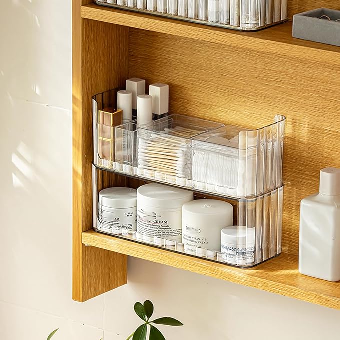 MORNITE 2-Tier Medicine Cabinet Shelves Organizer, Makeup Storage Holder Compartments, Shelf Trays for Bathroom Cabinet Wall, Counter, Vanity, Kitchen - Clear