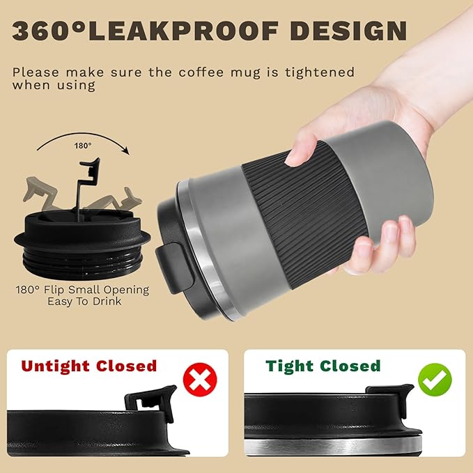 Vacuum-Insulated Stainless Steel Travel Coffee Mug, Leak-Proof Reusable Coffee Cup with Lid-Keeps Drinks Hot & Cold for Hours, Durable Double Wall Tumbler for Men & Women (3rd-Grey, 17OZ)