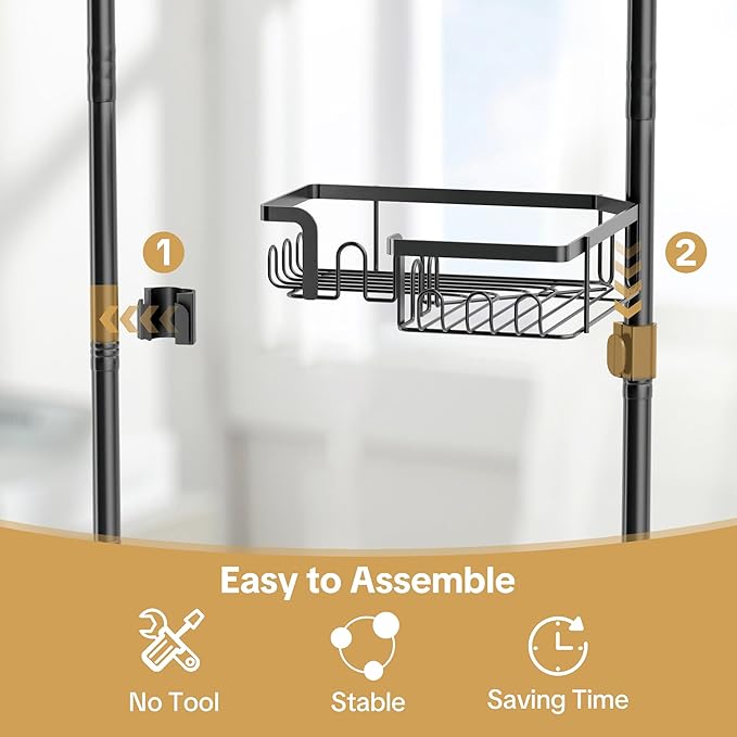 Corner Shower Caddy Tension Pole Adjustable 29–124 Inch, 4 Tier Rustproof Shower Organizer Shelf Rack, Quick Installation Bathroom Storage Shower Caddy Corner Pole, Black