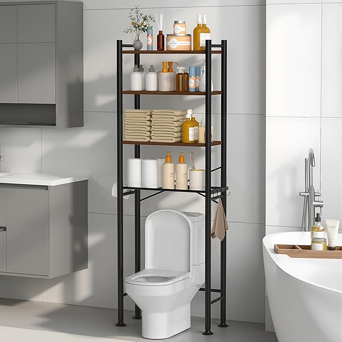 4-Tier Over-The-Toilet Storage Rack, Bathroom Organizer Shelf Over Toilet with Adjustable Shelf, Freestanding Space Saver Bathroom Shelves Above Toilet for Room (Black-Round)