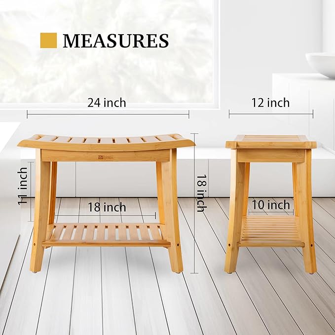 Bamboo Shower Bench Inside Shower Stool with Storage Shelf, Spa Bath Chair for Bathroom, Seat or Organizer for Living Room, Bedroom and Garden - Great for All Ages Unisex Elderly (Large, Natural)