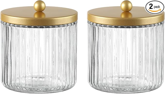 KMwares Matte Gold Set of 2 Glass Qtip Holder Dispenser Set for Cotton Ball, Swab, Round Pads, Floss Picks - Bathroom Canister Storage Organization and Vanity Makeup Organizer