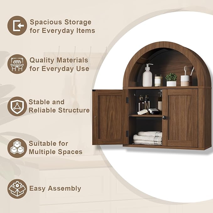 ChooChoo Arched Wall Cabinet, Bathroom Cabinet Wall Mount Over The Toilet with Display Shelf, Double Door Medicine Cabinet, Wooden Storage Cabinet for Kitchen, Living Room or Entryway, Walnut
