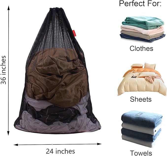 3 Pack Mesh Laundry Bags, 24 x 36 Inches Heavy Duty Drawstring Bag, Factories, College, Dorm, Travel and Apartment Dwellers, (2 White & 1 Black)